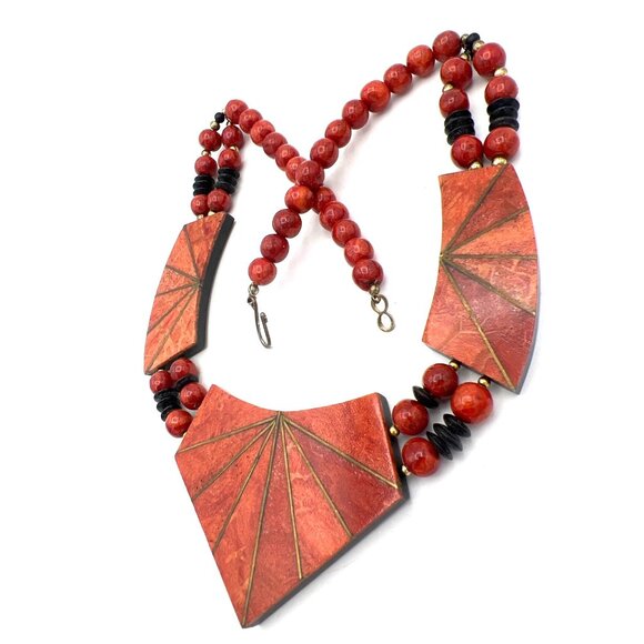 Handcrafted Red Coral Necklace Beaded Geometric Pendants Black Disk Philippines - Picture 3 of 8